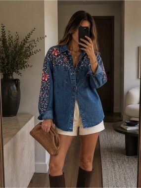 Free People We The Free Rainbow Embroidered Denim Shirt Rinse Wash Blue Size S